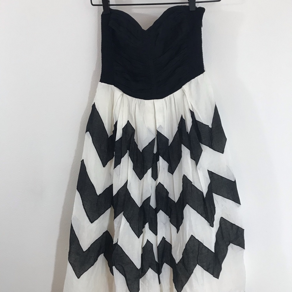 Black and white strapless chevron party dress